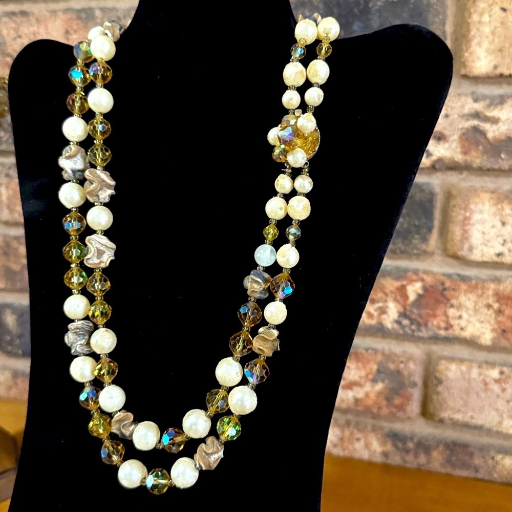 Vintage Amber Aurora Borealis double strand beaded necklace
